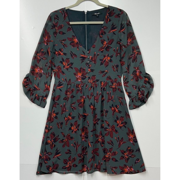 Madewell Dresses & Skirts - Madewell Dark Green Floral V-Neck Ruffle Sleeve Mini Dress Moonblossom